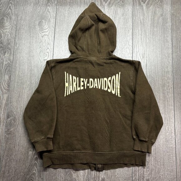 Harley Davidson Skull Full Zip Hoodie Brown Youth 8/10 M Biker Y2k - Picture 2 of 7